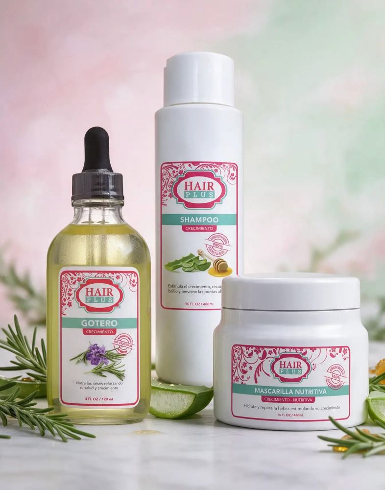 Hair Plus — Línea de crecimiento: shampoo, gotero y mascarilla